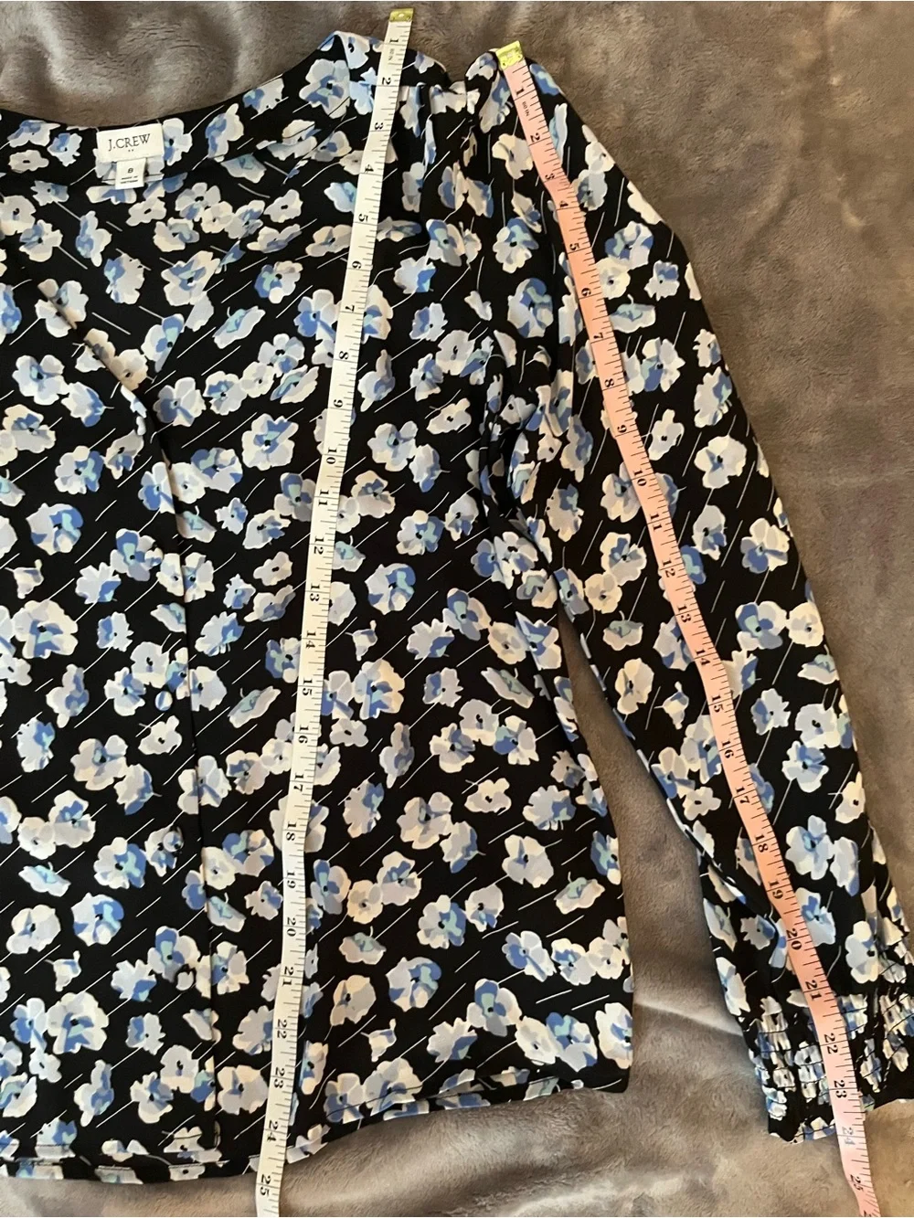 J. Crew Black Floral V-Neck Button up Blouse with Blue & White Blooms EUC